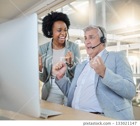 Winning, call center and business people success, fist pump and celebration of telecom sales, profit or job training goals. Professional consultant, agent or winner employee yes for bonus on computer Winning, call center and business people success, fist pump and celebration of telecom sales, profit or job training goals. Professional consultant, agent or winner employee yes for bonus on computer 133021147