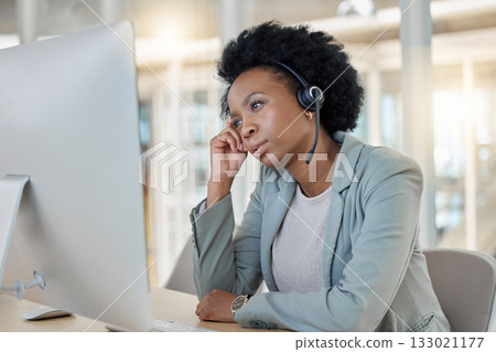Telemarketing, business and black woman with stress, headache and agent with mental health issue. Female employee, consultant and worker with migraine, tired and depression in workplace and burnout Telemarketing, business and black woman with stress, headache and agent with mental health issue. Female employee, consultant and worker with migraine, tired and depression in workplace and burnout 133021177