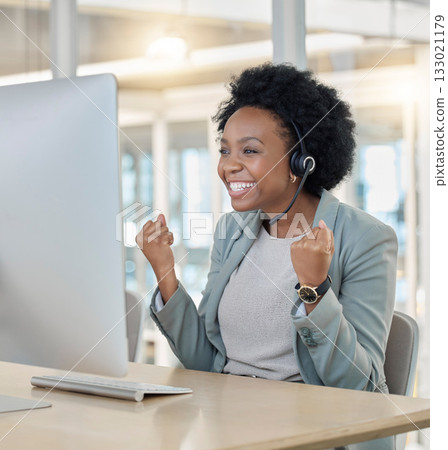 Call center, success and black woman consultant in the office in celebration for achievement. Happy, celebrate and professional African female customer service representative on online consultation. Call center, success and black woman consultant in the office in celebration for achievement. Happy, celebrate and professional African female customer service representative on online consultation. 133021179