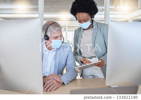 Covid, crm and black woman coaching man with tablet and mask at help desk or call center. Compliance, consulting and opinion, data or statistics for medical advisory agency with diversity and trust. Covid, crm and black woman coaching man with tablet and mask at help desk or call center. Compliance, consulting and opinion, data or statistics for medical advisory agency with diversity and trust. 133021190