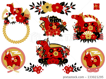 馬年新年圖示集，紅黑配色，紅馬，可愛，插圖 133021295