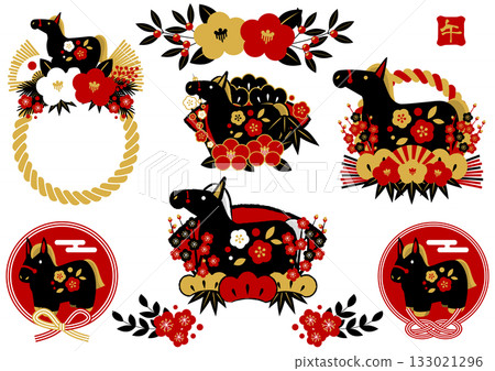 馬年新年圖示集，紅黑配色，黑馬，可愛，插畫 133021296