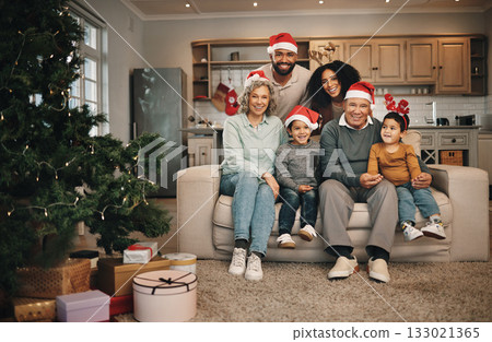 Christmas, big family and portrait smile in living room on sofa in home, bonding and care. Xmas, interracial and happy grandmother, grandfather and parents with kids or children enjoying holiday. 133021365