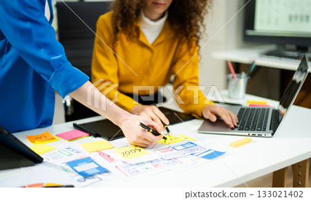 UX graphic designer planning application process development prototype wireframe for web smart phone. UX graphic designer planning application process development prototype wireframe for web smart phone. 133021402