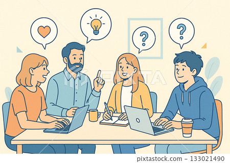 Illustration of students and working people having a casual meeting / Teamwork, brainstorming, business, flyer 133021490