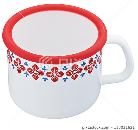 Red floral patterned enamel mug on white background Red floral patterned enamel mug on white background 133021621