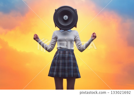 A girl with a loudspeaker instead of a head. A girl with a loudspeaker instead of a head. 133021692