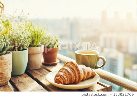 Small table on balcony with croissant and coffee cup. 133021709