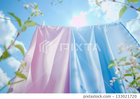 Clothes hanging on backyard clothesline 133021720