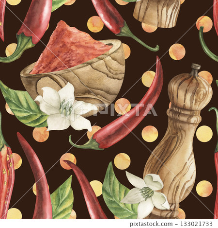 A seamless pattern featuring a red chili pepper, a wooden grinder, ground paprika in a cup, basil leaves, and white flowers on a dark brown background. The watercolor illustration is hand-drawn 133021733