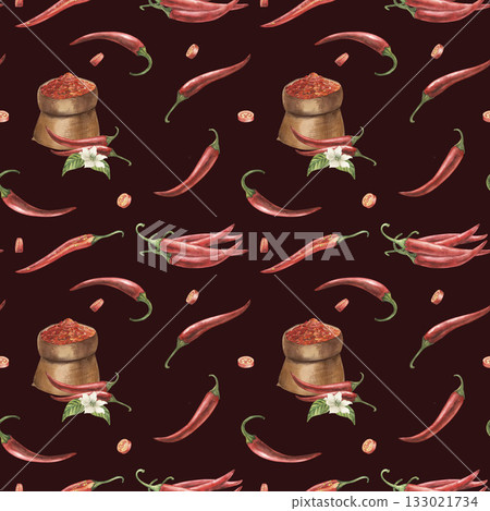 Seamless watercolor pattern with red chili peppers, spicy sauce, and green leaves on dark background. Hand-painted hot pepper design for kitchen decor, packaging, textiles, and restaurant branding 133021734