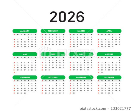 2026 Year Calendar Template in a simple 12-month grid layout with green headers 2026 Year Calendar Template in a simple 12-month grid layout with green headers 133021777