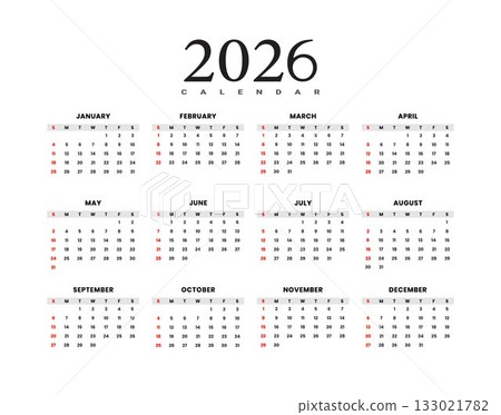 Simple 2026 year calendar template in a horizontal 12-month layout isolated on white 133021782
