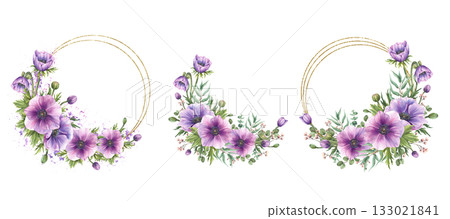 Watercolor purple Anemones flowers with pink buds twig and eucalyptus leaves gold framed wreath set. Romantic circle frame template for wedding, greeting card, label Isolated hand painted illustration Watercolor purple Anemones flowers with pink buds twig and eucalyptus leaves gold framed wreath set. Romantic circle frame template for wedding, greeting card, label Isolated hand painted illustration 133021841