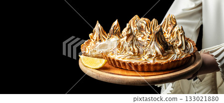 Homemade lemon meringue pie with toasted peaks on wooden plate, black background Homemade lemon meringue pie with toasted peaks on wooden plate, black background 133021880