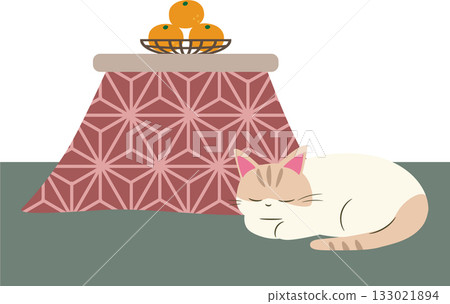 Illustration material of a cat relaxing in a kotatsu, a winter tradition 133021894