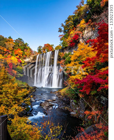 【AI生成影像】秋葉環繞的美麗瀑布。 133021935