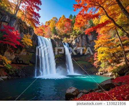 【AI生成影像】秋葉環繞的美麗瀑布。 133021936