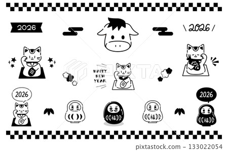 單色新年賀卡手繪插畫素材套裝 133022054