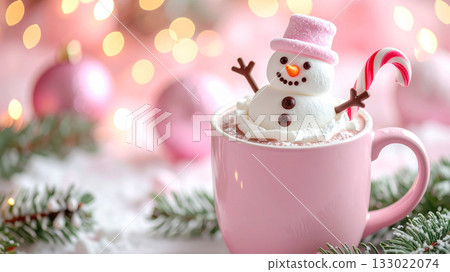 Hot chocolate with a marshmallow snowman wearing a hat 133022074