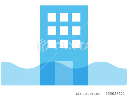 Flood disasters and environmental risks - Icon of a high-rise building flooded by flooding 133022321