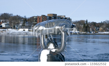 Frozen View Through a Public Telescope Sights Overlooking Icy Lake 133022532