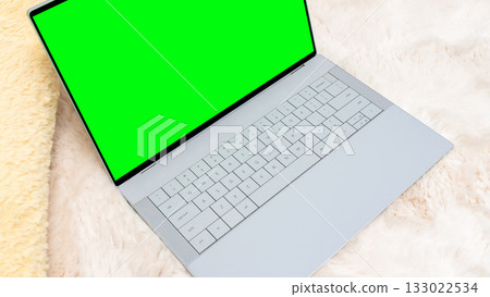 Green mockup of a sleek laptop with blank screen on a soft fur surface, ideal for showcasing designs and creative projects with copy space Green mockup of a sleek laptop with blank screen on a soft fur surface, ideal for showcasing designs and creative projects with copy space 133022534