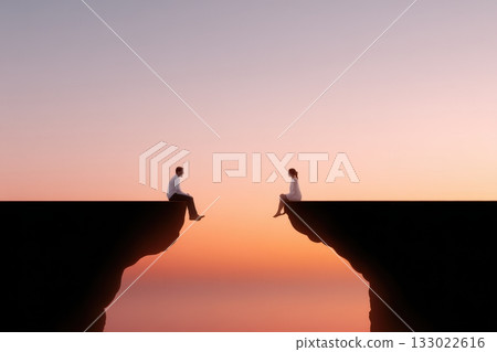 Two individuals sitting on opposite cliffs during sunset, symbolizing distance and connection in a serene and dreamlike atmosphere 133022616