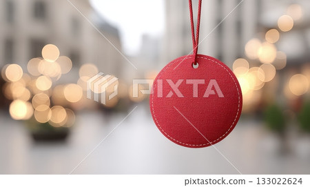 Red mockup fabric tag is hanging in a blurred outdoor market setting, with soft bokeh lights creating a festive atmosphere for promotional use 133022624