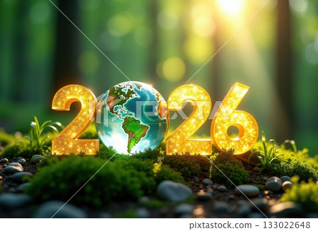 Vibrant 2026 numbers surrounded by lush greenery and a globe, symbolizing environmental awareness and a hopeful future for the planet Vibrant 2026 numbers surrounded by lush greenery and a globe, symbolizing environmental awareness and a hopeful future for the planet 133022648