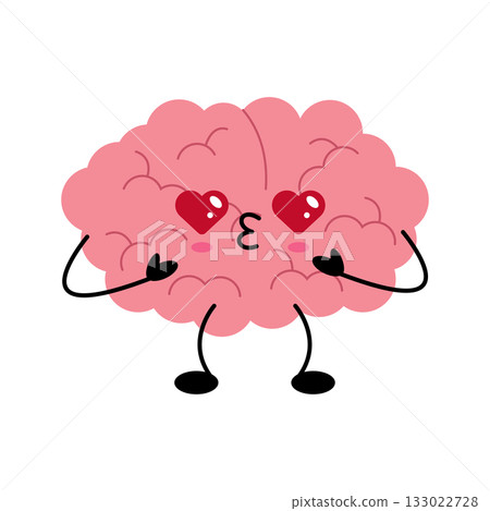 Cute pink kawaii brain character in love with heart eyes 133022728