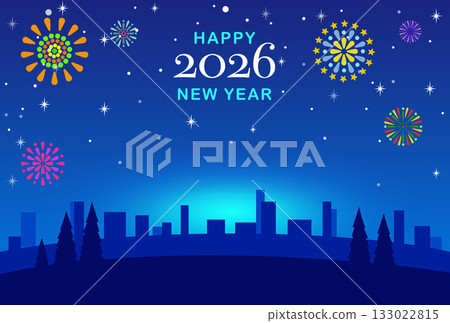 Illustration of fireworks and city silhouettes in the night sky celebrating the New Year 2026 133022815