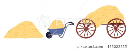 Collecting and transporting hay using garden cart and large wooden wagon. Farming haylofts. Livestock forage. Ranch haycock. Trolley for draw straw. Vector agriculture rustic elements set Collecting and transporting hay using garden cart and large wooden wagon. Farming haylofts. Livestock forage. Ranch haycock. Trolley for draw straw. Vector agriculture rustic elements set 133022835