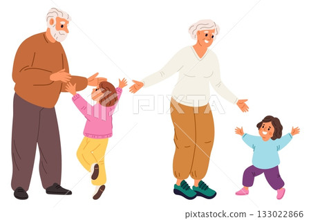 Joyful grandparents welcome little grandchildren. Family meeting. Grandfather hugs girl. Grandmother greeting kid. Relatives generations. Elderlies together with children. Vector concept Joyful grandparents welcome little grandchildren. Family meeting. Grandfather hugs girl. Grandmother greeting kid. Relatives generations. Elderlies together with children. Vector concept 133022866