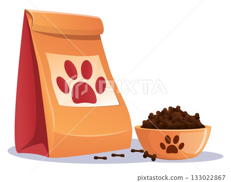 Large paper bag of dog food with bowl full of feed. Disposable cardboard package. Puppies feeder. Craft pouch with pawprint. Veterinary care of domestic animals. Vector isolated objects 133022867