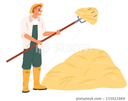 Male farmer uses pitchfork to gather dry hay. Autumn farm work. Agricultural worker throwing hay with hayfork. Countryside farming job. Village ranch haystack. Straw stack. Vector concept 133022869