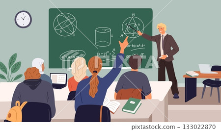 Male mathematics teacher teaching class at school. College education. Boys and girls sitting in classroom. Professor explaining geometry formula calculation to students. Vector concept 133022870