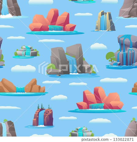Mountain peaks with cascading waterfalls seamless pattern. Water flowing down. Repeated print. Aqua stream on cliff stones. Wild nature rocks. Creek liquid falling. Vector background Mountain peaks with cascading waterfalls seamless pattern. Water flowing down. Repeated print. Aqua stream on cliff stones. Wild nature rocks. Creek liquid falling. Vector background 133022871