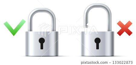 Realistic metal padlocks with correct and incorrect symbols. Safe key. 3D interlock mechanisms. Protective encryption. Blocked or opened lock. Security verification. Vector objects set Realistic metal padlocks with correct and incorrect symbols. Safe key. 3D interlock mechanisms. Protective encryption. Blocked or opened lock. Security verification. Vector objects set 133022873