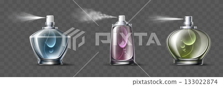 Realistic perfume bottles spraying fragrant liquid from spray vial Pleasant smell sprayers. Aroma cosmetics. Toilet water flasks. Vector 3D perfumery objects set on transparent background 133022874