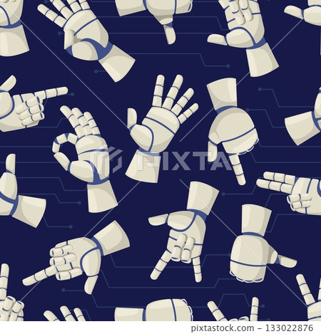 Robotic arms or prostheses with different gestures. Bionic hands seamless pattern. Artificial intelligence technology. Automatic electronic palms. Cyborg droid limbs. Vector background 133022876