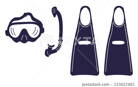 Scuba diving mask. Snorkel and fins. Ocean beach leisure. Water sport. Underwater swimming. Marine diver equipment. Undersea swimmer. Vector set of dark silhouettes on white background 133022881