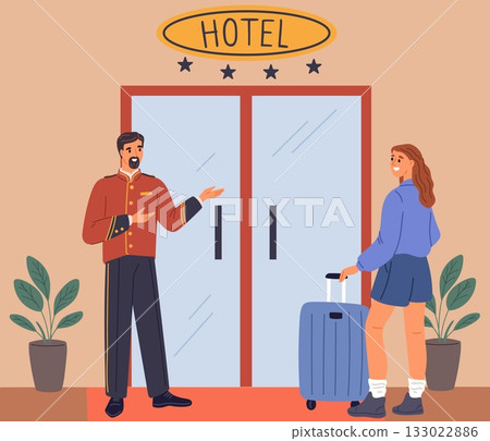 Uniformed doorman at hotel entrance invites girl with baggage suitcases to come inside. Traveler waiting elevator at motel lobby. Concierge hospitality. Hostel service staff. Vector concept 133022886