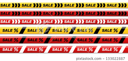 Warning tape with word of sale. Signal ribbons for advertising banners. Discount promotion. Shopping marketing. Cordon adhesive stripes. Attention barricade. Vector seamless barriers set 133022887