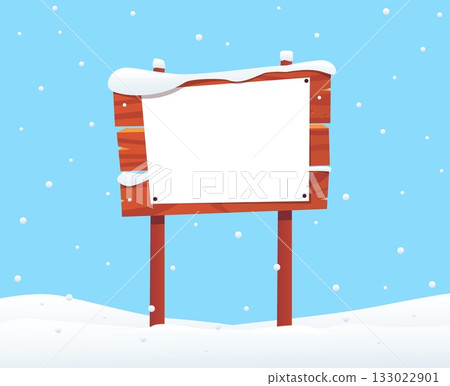 Wooden sign or pointer with clean white sheet in snow. Winter announcement or Christmas banner. Snowy wood signpost with ice cover. Frozen guidepost frame in snowdrift. Vector background Wooden sign or pointer with clean white sheet in snow. Winter announcement or Christmas banner. Snowy wood signpost with ice cover. Frozen guidepost frame in snowdrift. Vector background 133022901