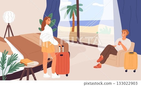 Young couple guy and girl settled into comfortable hotel room with view of coast. Tropical sea resort. People with baggage suitcases in motel bedroom. Happy travelers. Vector concept 133022903
