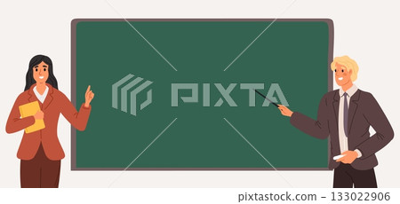Young male and female teachers standing next to blackboard for teaching. School education. Professional instructor showing at classroom board. Empty chalkboard. Vector study background 133022906