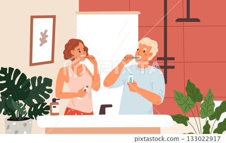 Young man and woman brush teeth in morning or in evening before going to bed. Oral hygiene. Everyday cosmetic routine. Smile beauty. Bathroom interior. Couple at mirror. Vector concept 133022917