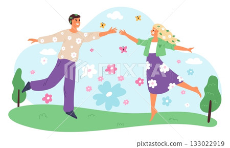 Young man and woman in love meet against backdrop of spring nature. Flowers and butterflies. Romantic dating. Couple relationship. People dance on meadow and walk in park. Vector concept Young man and woman in love meet against backdrop of spring nature. Flowers and butterflies. Romantic dating. Couple relationship. People dance on meadow and walk in park. Vector concept 133022919