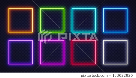 Set of glowing neon square frames in bright colors on a transparent background. Modern futuristic design perfect for digital interfaces, ads, or posters. Set of glowing neon square frames in bright colors on a transparent background. Modern futuristic design perfect for digital interfaces, ads, or posters. 133022920